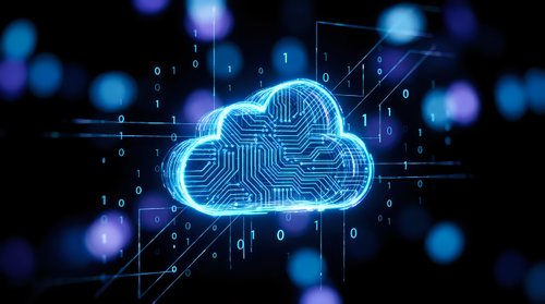 Digital cloud computing technology with glowing circuit patterns and binary code data streams on dark background for tech presentations and software development.