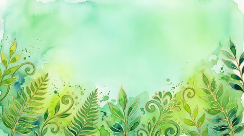 Watercolor botanical border with green foliage, ferns, and leaves on soft mint background, isolated on transparent space for design projects.