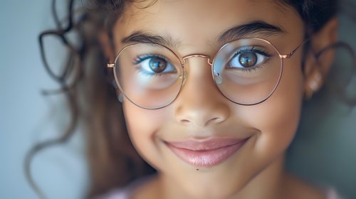 Young African American girl with curly hair wearing round glasses smiles warmly at camera, showcasing natural beauty and confidence in soft, dreamy lighting.