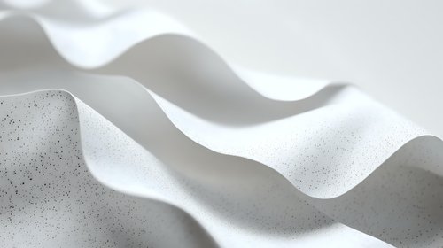 Minimalist white wavy surface with subtle texture and soft shadows creating abstract flowing lines and gentle curves in monochromatic grayscale composition.