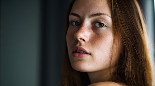 Young Caucasian woman with brown hair looking directly at camera with natural lighting creating dramatic shadows on face for portrait photography.