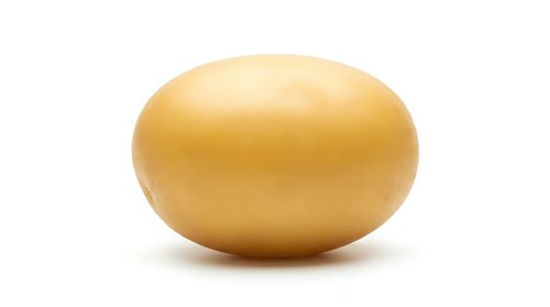 Single golden potato with smooth skin isolated on white background, suitable for food, nutrition, cooking, and grocery retail applications.