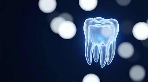 Glowing blue tooth with roots floating against dark background with bokeh lights for dental care and oral health concepts.