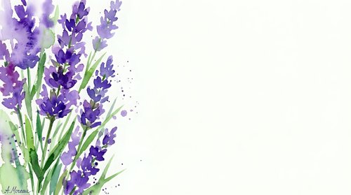 Watercolor lavender flowers with green stems on white background. Botanical illustration with purple blooms and copy space for text and design projects.