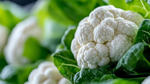 Fresh white cauliflower head with green leaves in soft focus, macro view. Natural organic vegetable showing detailed texture and patterns in garden lighting.