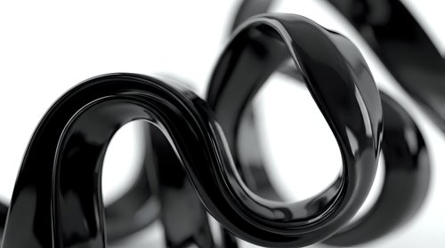 Black glossy ribbons flowing in elegant curves creating abstract waves on white background for luxury branding and sophisticated design projects.