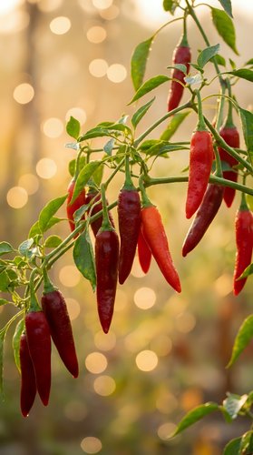 Red hot chili peppers growing on plant with green leaves against warm golden bokeh background for culinary and gardening themes.