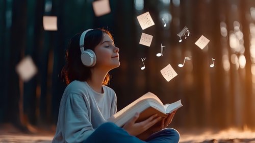Young Asian woman in headphones reading book outdoors at sunset with magical glowing musical notes and paper sheets floating around in dreamy atmosphere.
