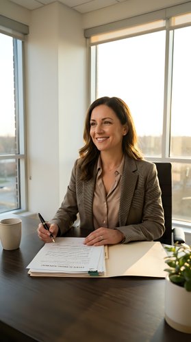Professional businesswoman signing contract documents at modern office desk with city view background for corporate and legal business concepts.