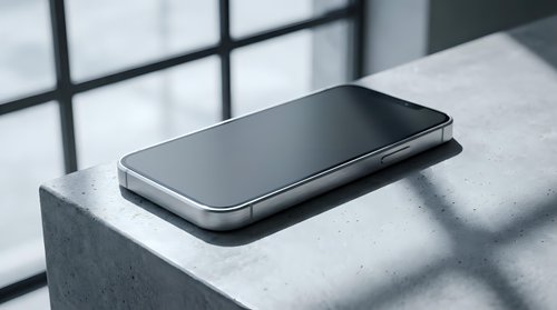 Modern black smartphone lying on concrete surface with dramatic window shadow patterns creating geometric light and dark contrast for technology concepts.