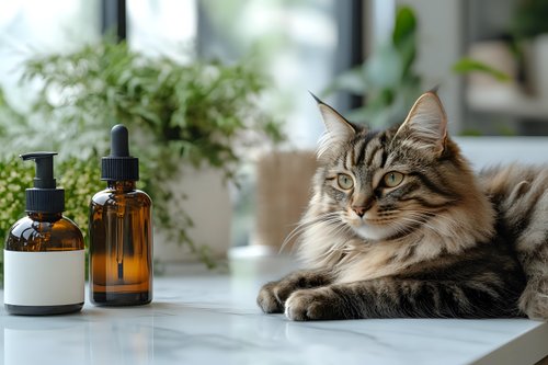 Tabby cat resting on white surface next to essential oil bottles and green plants, suitable for wellness, pet care, and natural product marketing materials.