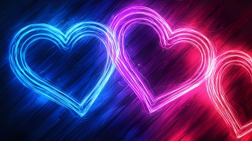Glowing neon heart shapes in vibrant blue, pink and red colors against dark background create romantic atmosphere. Abstract light effect design for Valentine's day cards.