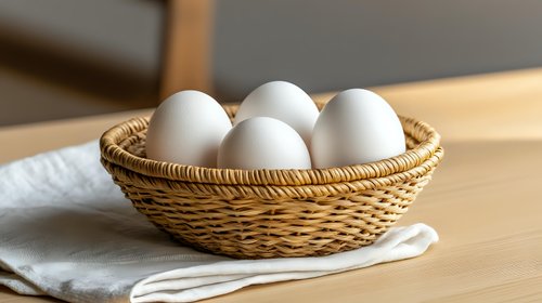 Fresh white eggs in traditional woven wicker basket on wooden table with linen napkin, natural light creates warm cozy atmosphere for food photography.