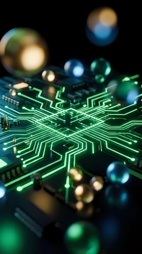 Circuit board with glowing green pathways and blurred electronic components on dark background, suitable for technology, innovation, and digital transformation concepts.