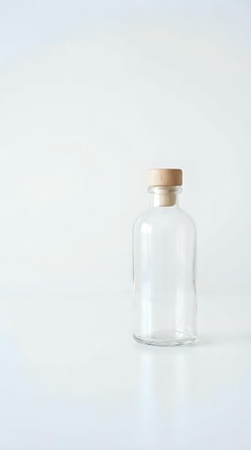 Empty clear glass bottle with wooden cork stopper on white background for packaging design and product mockups.