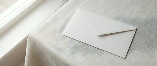 White envelope on beige linen fabric with soft natural lighting creating elegant shadows for stationery and correspondence design projects.