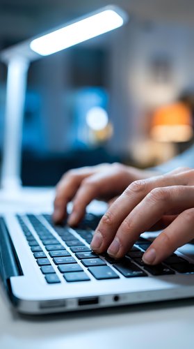 Hands typing on laptop keyboard with LED desk lamp illumination in modern office workspace for productivity and remote work applications.