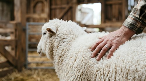 Farmer's hand touching white sheep wool in barn setting, agricultural livestock care and farming industry work.