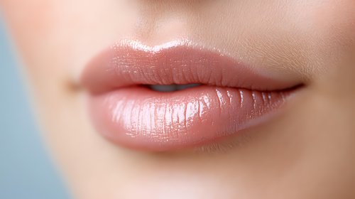 Close up view of natural pink glossy lips with soft shine and smooth texture against blurred skin background, showing professional beauty and skincare results.