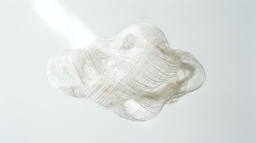 Transparent glass cloud with wireframe grid pattern floating on white background. Modern digital concept for technology and data visualization projects.