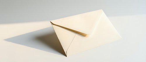Cream paper envelope standing upright on a light surface, casting a soft shadow, evoking elegance and simplicity in correspondence.