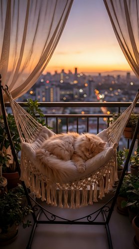 Orange tabby cat sleeping peacefully in macrame hammock on urban balcony at golden hour sunset with city skyline view and flowing curtains creating cozy atmosphere.
