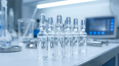 Medical glass vials arranged in laboratory setting with modern equipment and sterile environment for pharmaceutical research and drug development.
