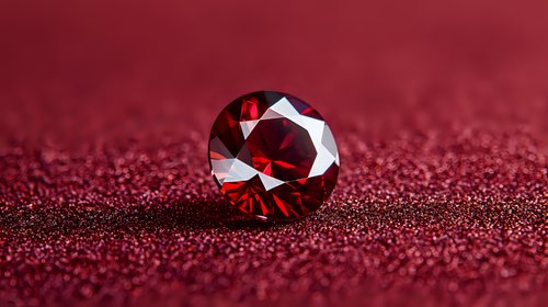 Round cut ruby gemstone on sparkling red glitter background, macro photography showing brilliant facets and luxury jewelry details in dramatic lighting.