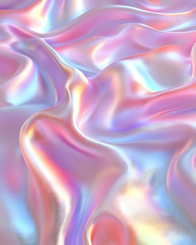 Holographic iridescent fabric with smooth flowing waves and folds in pastel pink, purple and blue colors creating ethereal metallic shine effect. Seamless pattern.