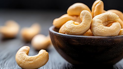 Fresh roasted cashew nuts in wooden bowl on dark background, selective focus on foreground nut, macro food photography with copy space.