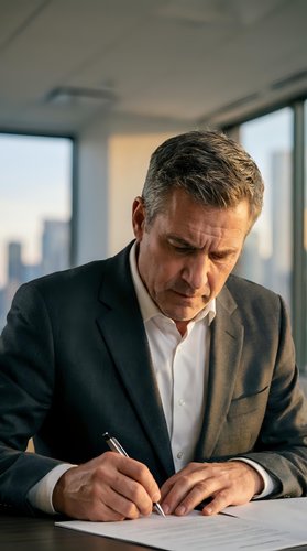 Middle-aged Caucasian male executive in formal business attire signing documents at modern office desk with city skyline view through windows.