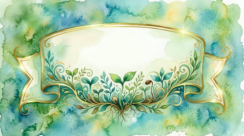 Vintage banner with ornamental foliage and watercolor background in green and blue tones, isolated on white for design projects.