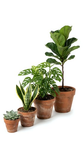 Collection of popular houseplants in terracotta pots isolated on white background for home decor and indoor gardening projects.