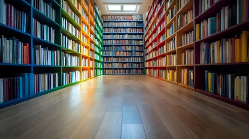 Rainbow colored bookshelves in modern library interior with wooden floor and natural light from skylight, creating symmetrical perspective view for education concept.