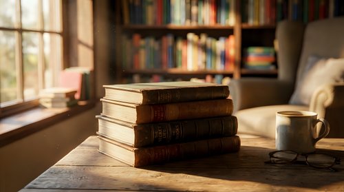 Stack of vintage books on wooden table with coffee cup in cozy library setting with warm sunlight streaming through window creating peaceful reading atmosphere.