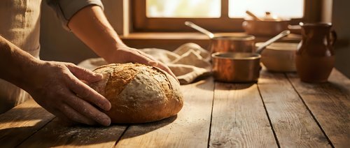 Hands placing fresh baked artisan bread on rustic wooden table in warm kitchen setting with natural sunlight streaming through window.