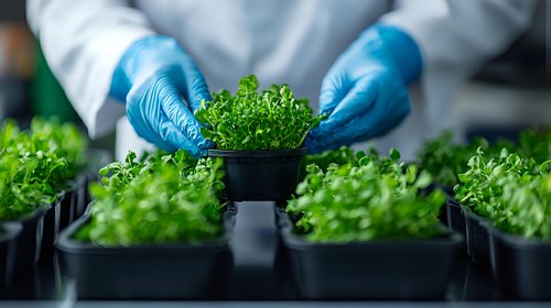 Scientist in lab coat and blue gloves examining microgreens in growing trays, close-up view of hydroponic agriculture research and quality control in modern facility.
