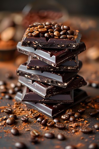 Stack of dark chocolate pieces with coffee beans on top and scattered around, photographed in moody lighting against dark background. Perfect for food marketing.