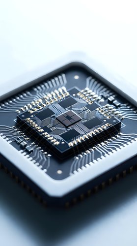 Microchip with circuit board pathways and metallic connectors on white background, suitable for technology, electronics, computing, and innovation concepts.