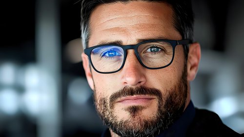 Confident middle-aged Caucasian businessman with beard and glasses looking directly at camera with genuine smile. Professional corporate headshot style portrait.