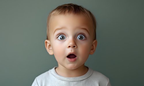 Surprised toddler with wide blue eyes and open mouth expressing wonder against green background, wearing white t-shirt. Emotional portrait capturing childhood amazement.