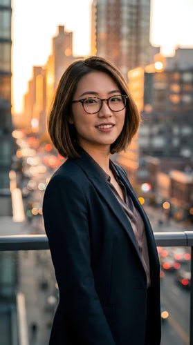 Professional Asian businesswoman with glasses smiling confidently against urban city skyline at sunset for corporate and career success concepts.