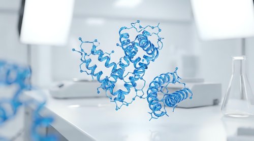 Blue protein molecule structure floating in modern laboratory setting with scientific equipment and glassware on white counter surface.