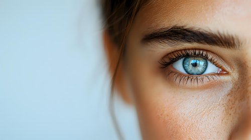 Close-up macro shot of bright blue eye with natural freckles and long eyelashes against light background, showing natural beauty and unique facial features.