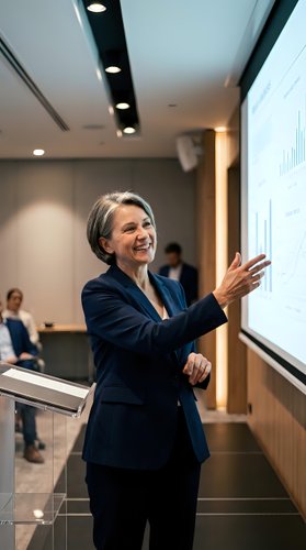 Confident mature businesswoman presenting in modern office boardroom with colleagues in background for corporate training and leadership development.