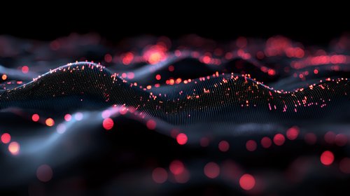 Abstract digital wave visualization with glowing red particles and bokeh effects on dark background, modern technology concept for data flow and connectivity.