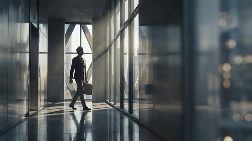 Business professional walking through modern office corridor with dramatic lighting and glass walls creating sophisticated corporate atmosphere.