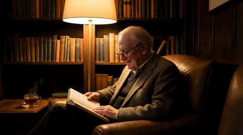 Elderly Caucasian man with glasses reading book in cozy home library with warm lamp light, leather armchair, wooden bookshelves creating peaceful study atmosphere.