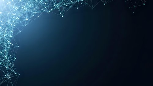 Abstract digital network connections with glowing nodes and lines on dark blue gradient background for technology presentations and web design.