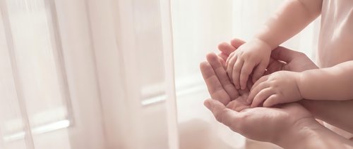 Adult hands gently holding child hands in protective caring gesture against soft natural window light background for family support concepts.